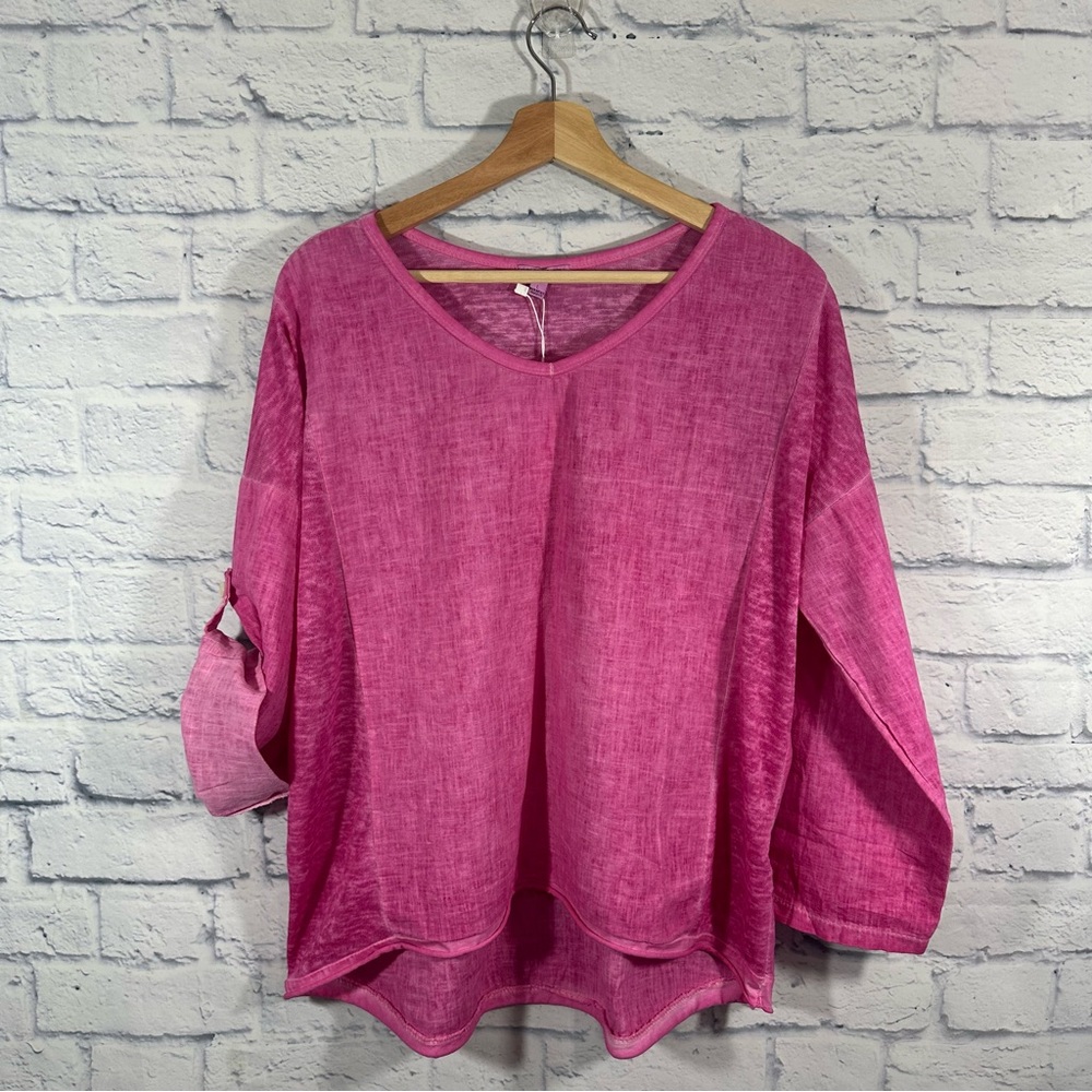 NWT Kaktus 109% Linen Roll Tab Sleeves Hot Pink Hi Low Blouse Sz Large